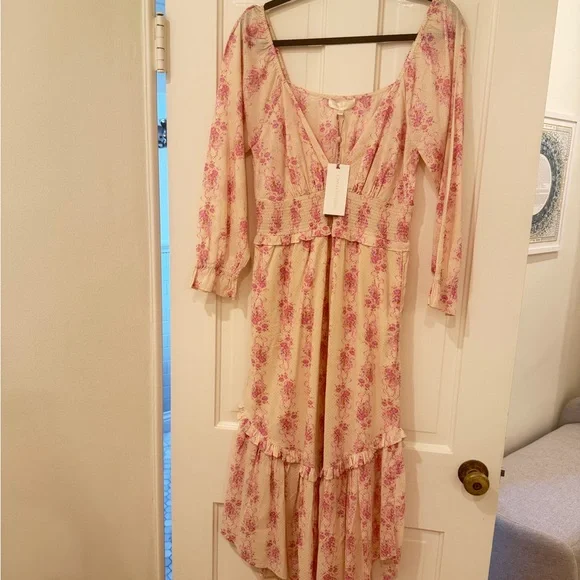 LoveShackFancy Pink & Cream Floral Midi Dress - Picture 2 of 8